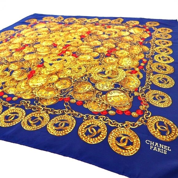 CHANEL Silk Scarf CC Medallion Coins Chains Gold Blue Vintage - Picture 4 of 5